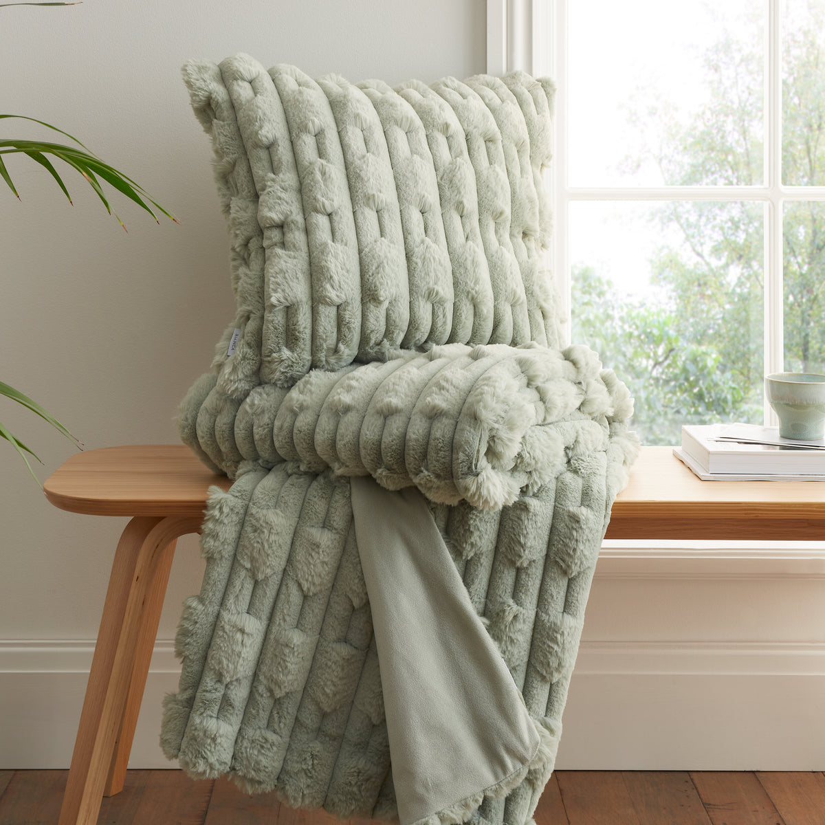 Bianca Carved Faux Fur Filled Cushion 50cm x 50cm Sage