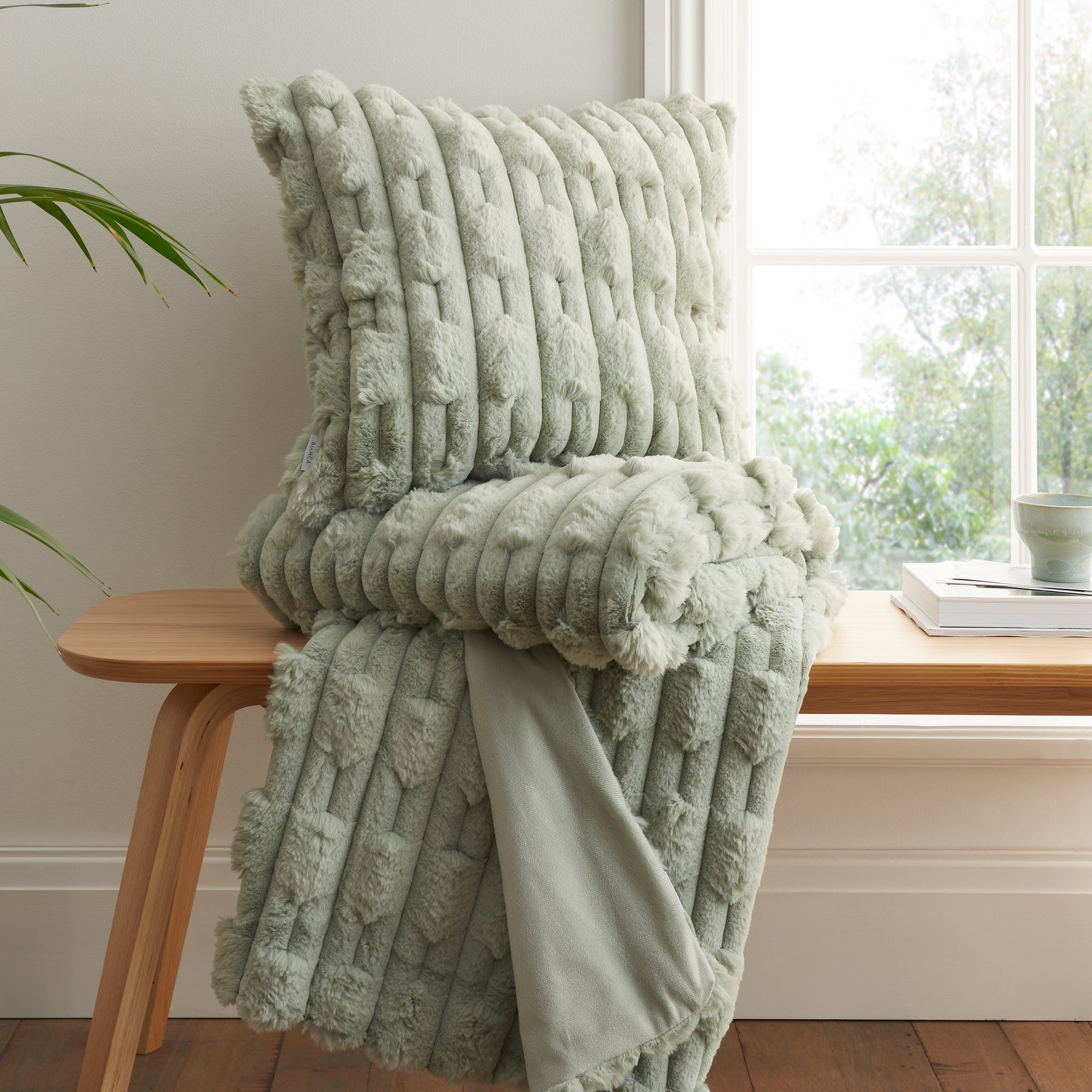 Bianca Carved Faux Fur Filled Cushion 50cm x 50cm Sage