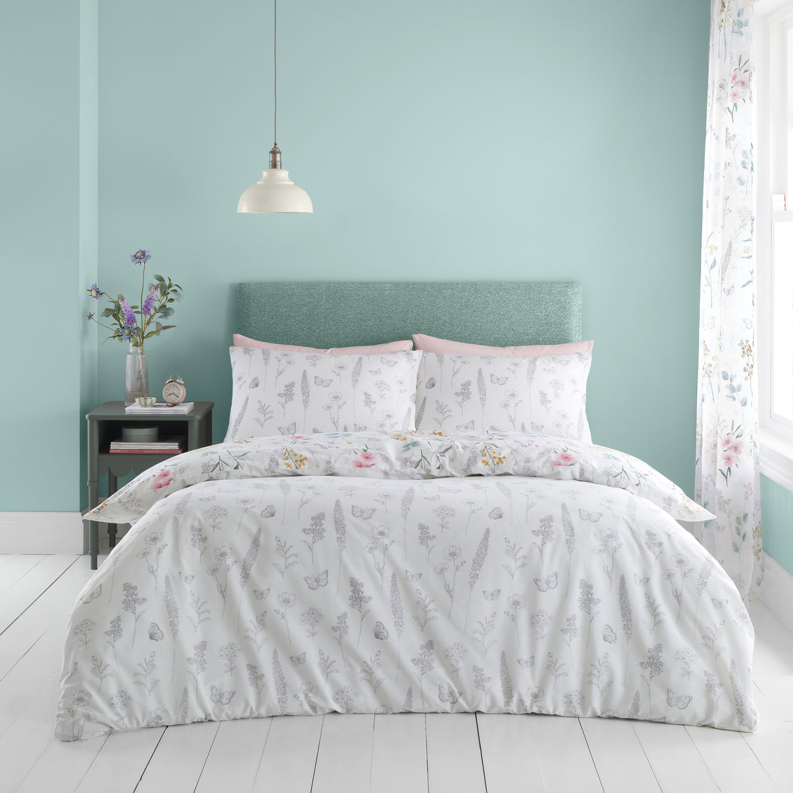 Catherine Lansfield Emilia Floral Duvet Cover Bedding Set White Green