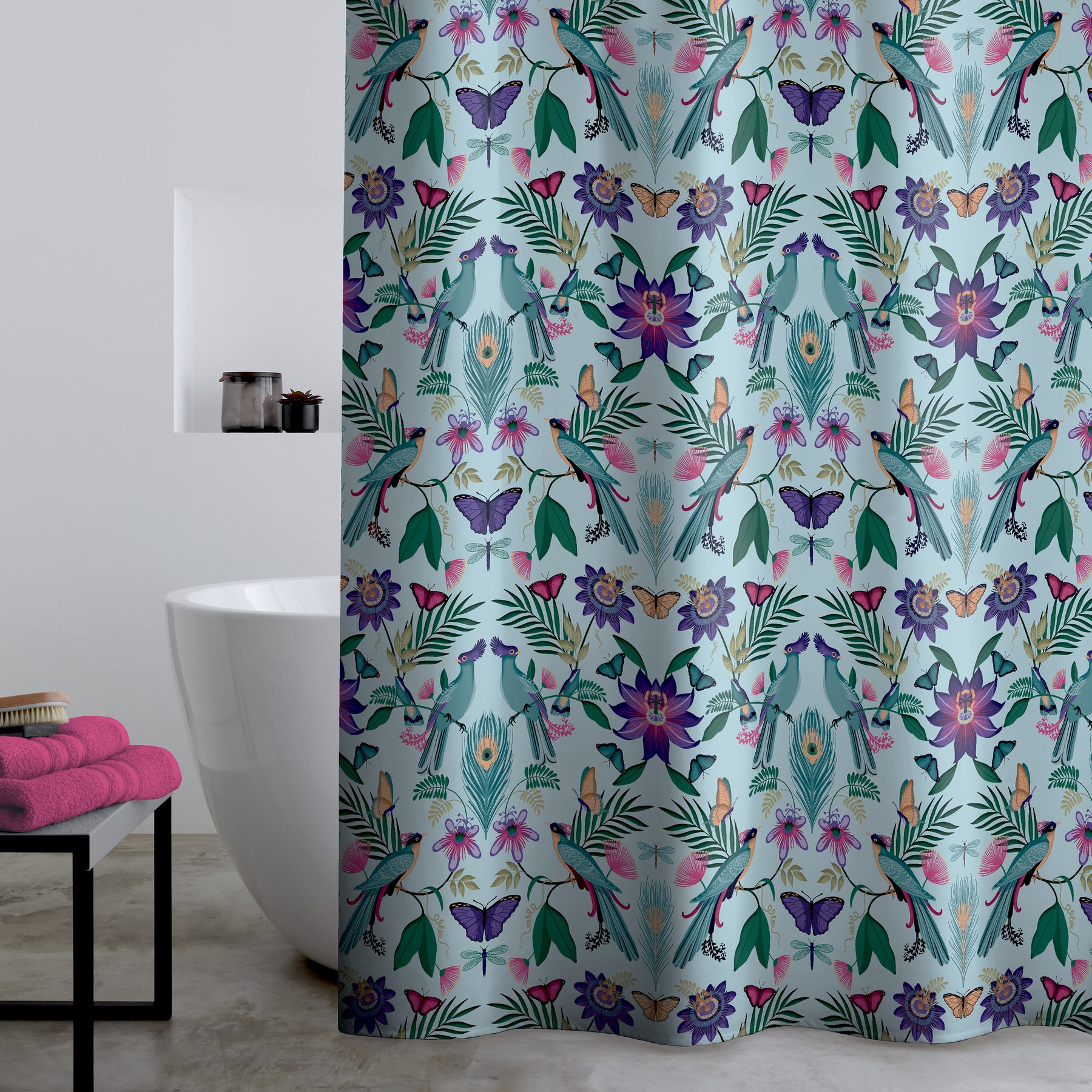 Catherine Lansfield Mya Tropical Birds Shower Curtain Duck Egg