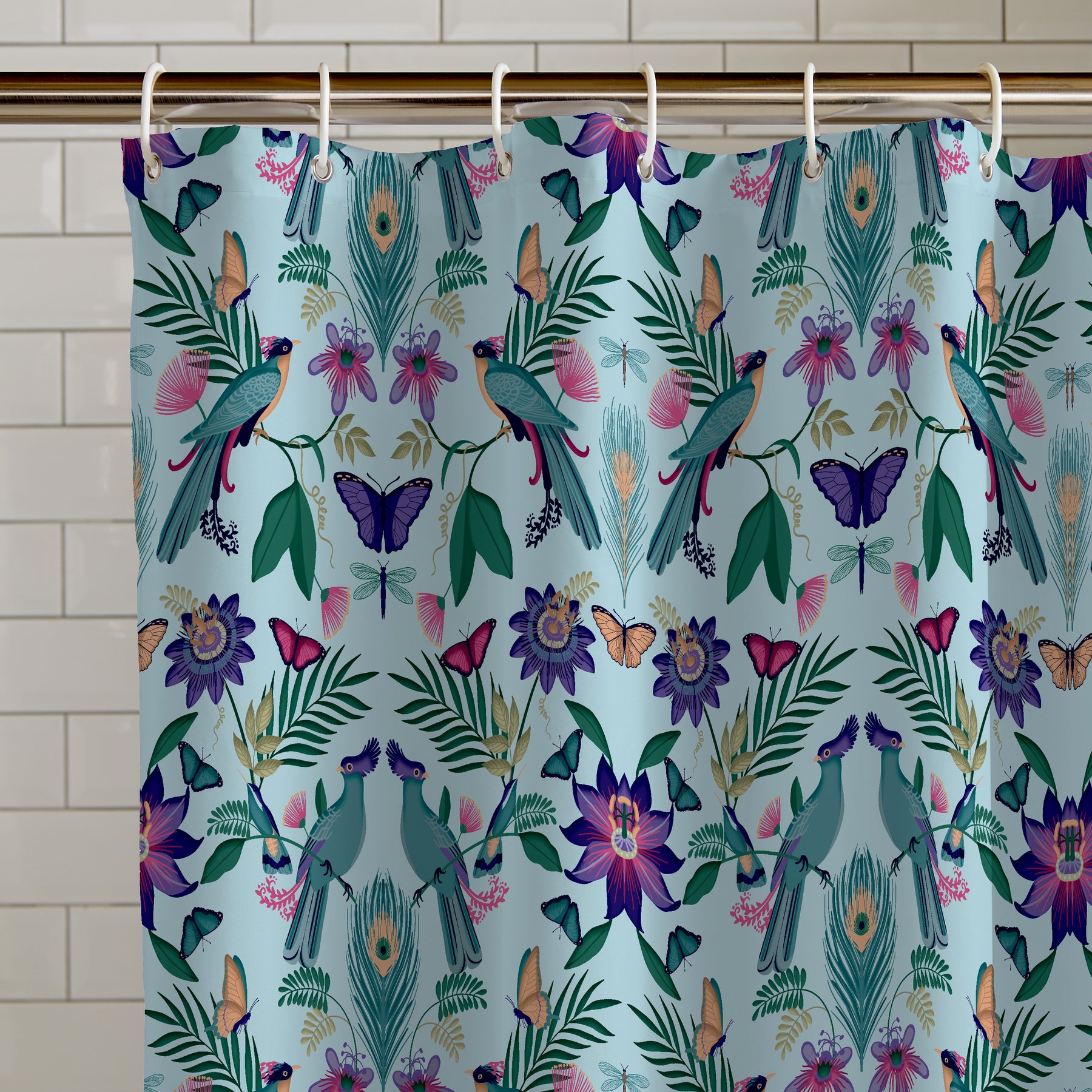 Catherine Lansfield Mya Tropical Birds Shower Curtain Duck Egg