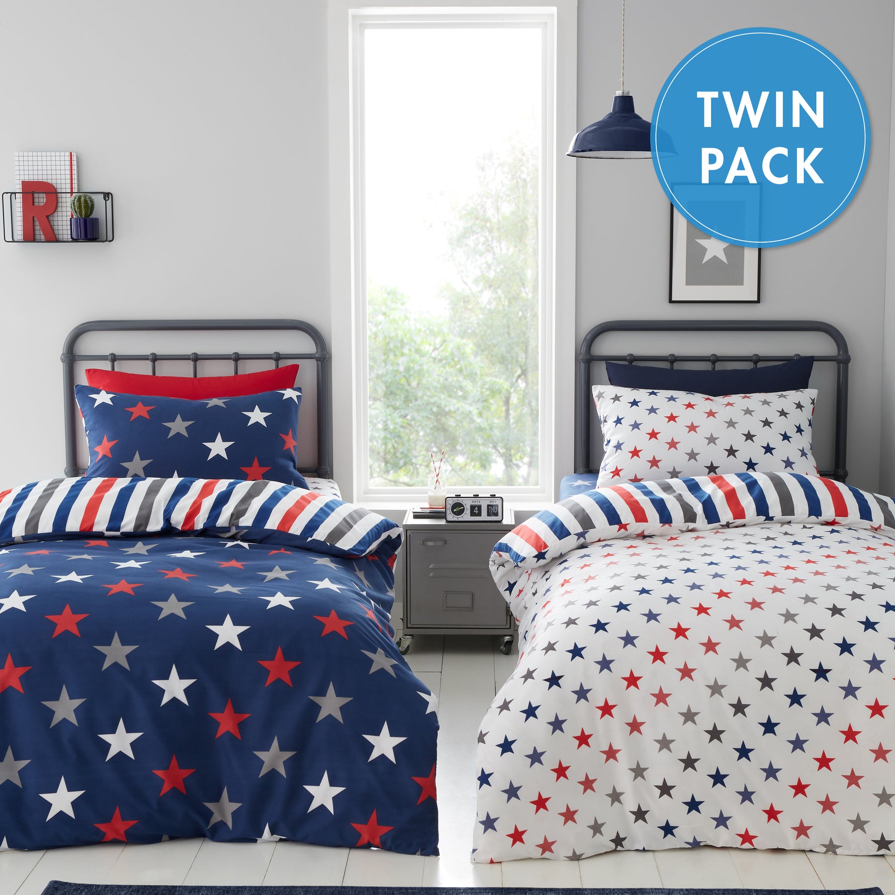 Catherine Lansfield Stripes and Stars Two Pack Bedding Set Blue White