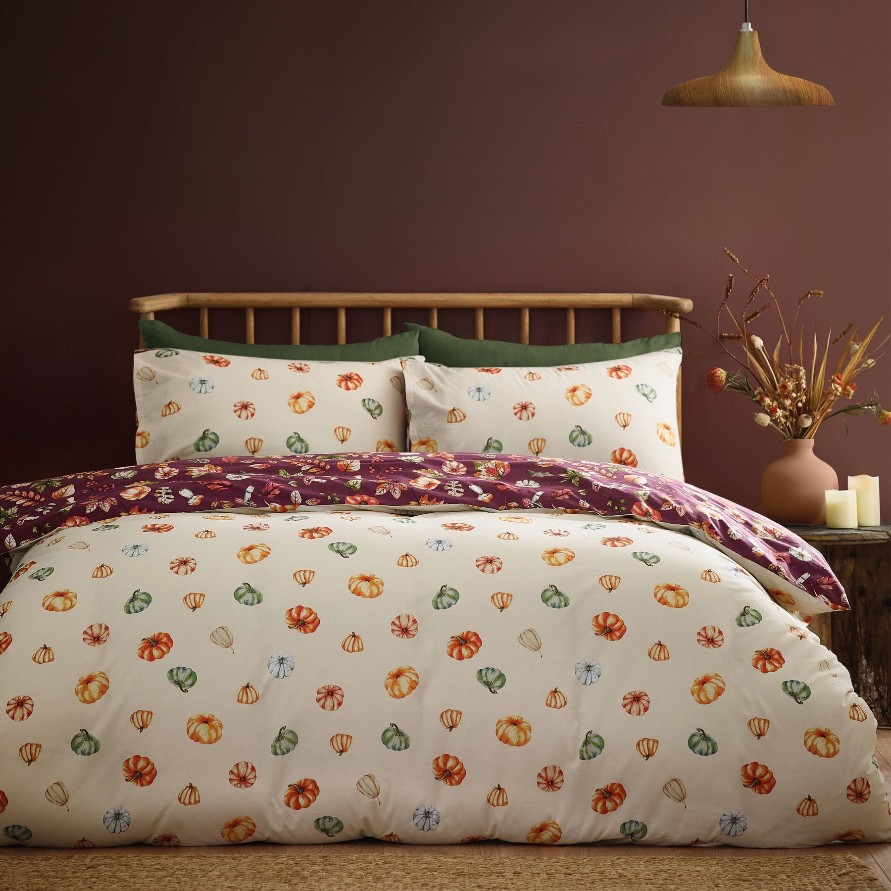 Catherine Lansfield Autumn Pumpkins Duvet Cover Bedding Set Plum