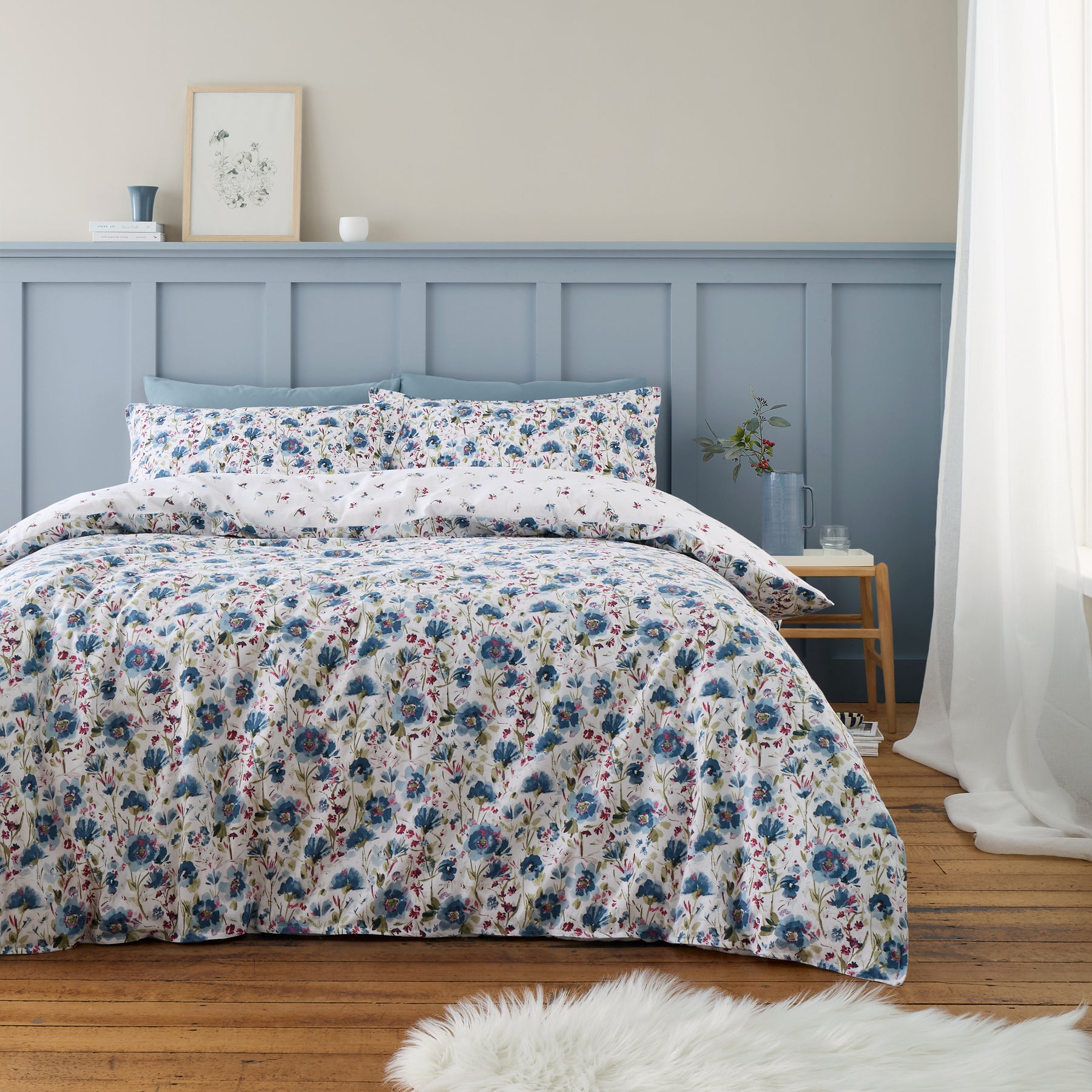 Bianca Brushed Ophelia Floral Duvet Cover Bedding Set Blue