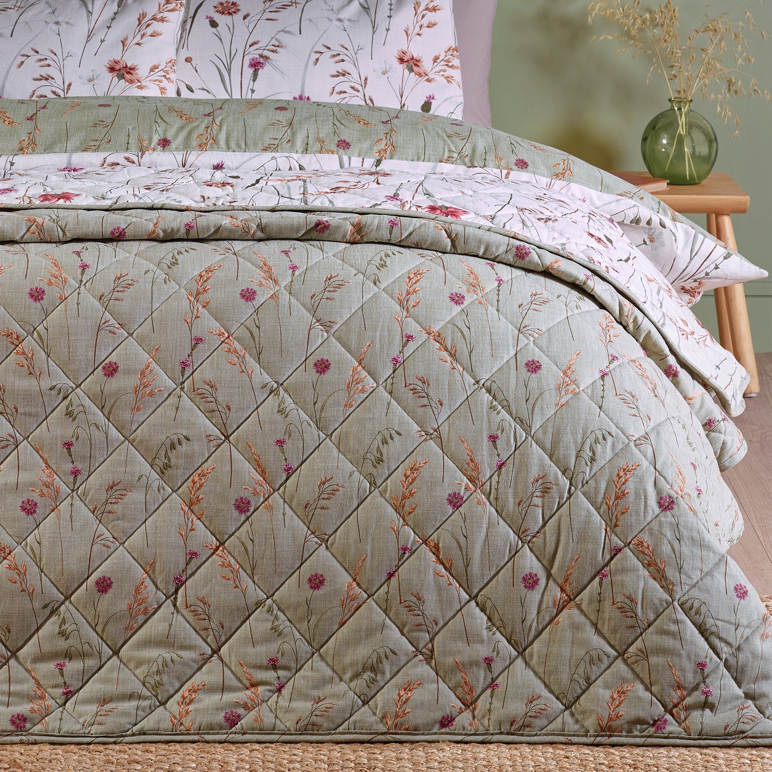 Catherine Lansfield Brushed Grasmere Floral 200cmx220cm Bedspread Green