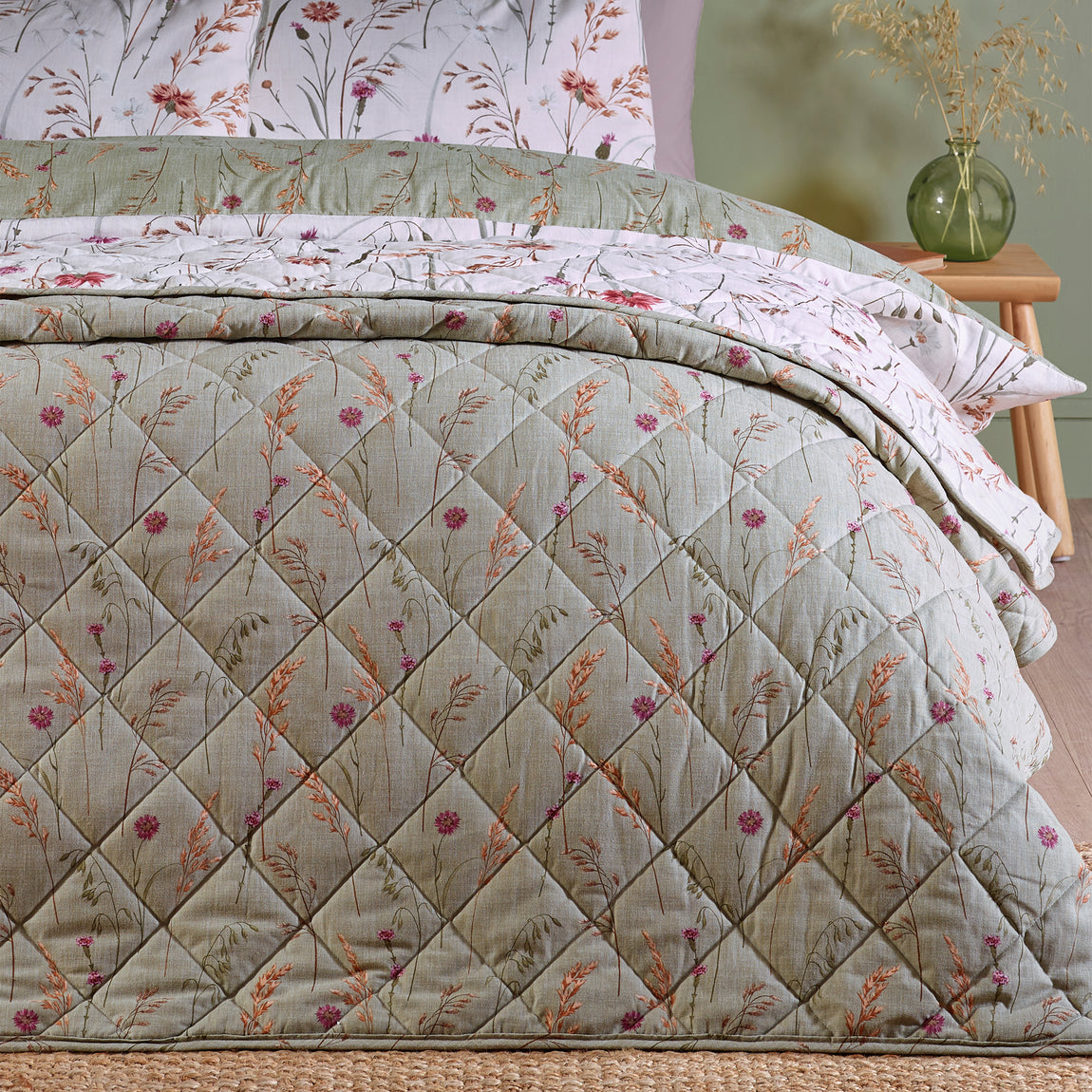 Catherine Lansfield Brushed Grasmere Floral 200cmx220cm Bedspread Green
