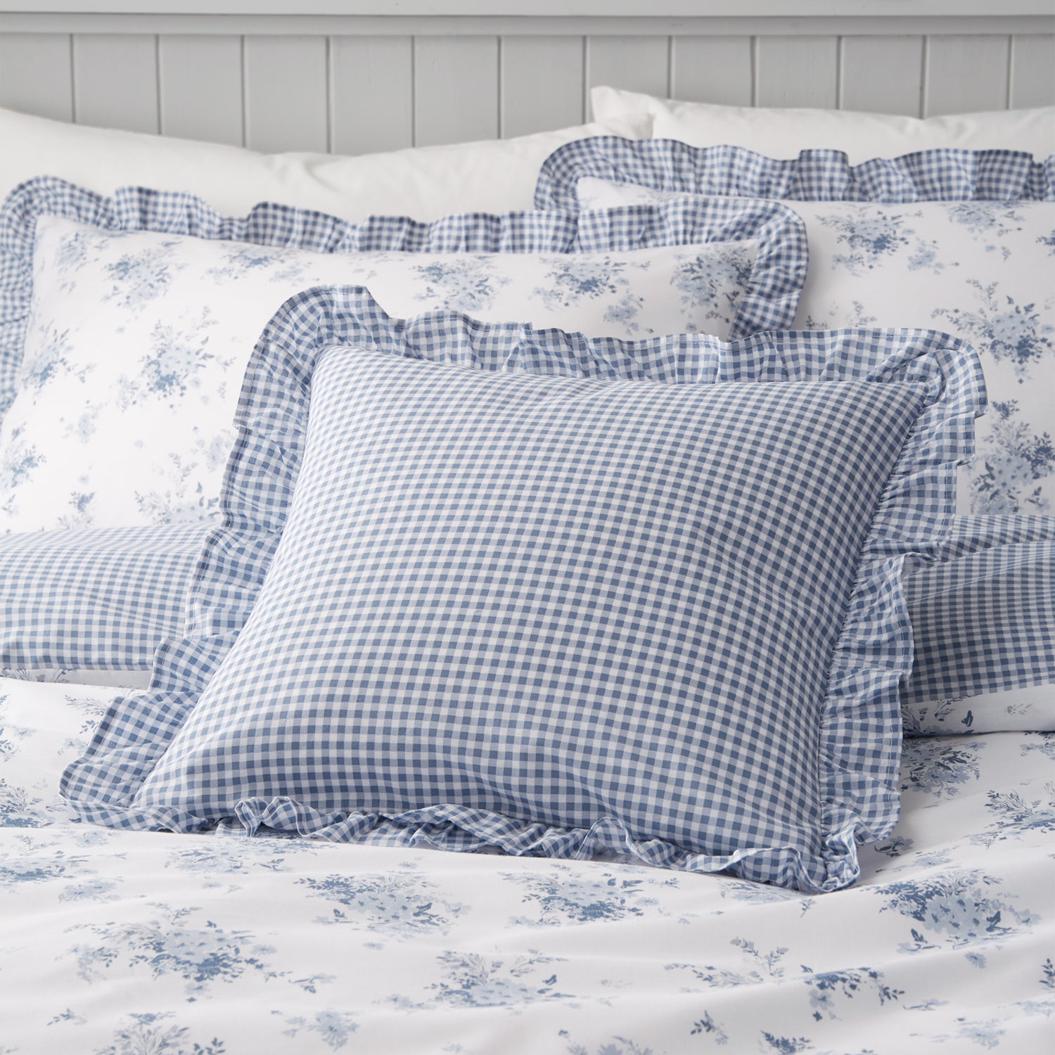 Catherine Lansfield Lucie Floral Reversible 45cm x 45cm Filled Cushion Blue