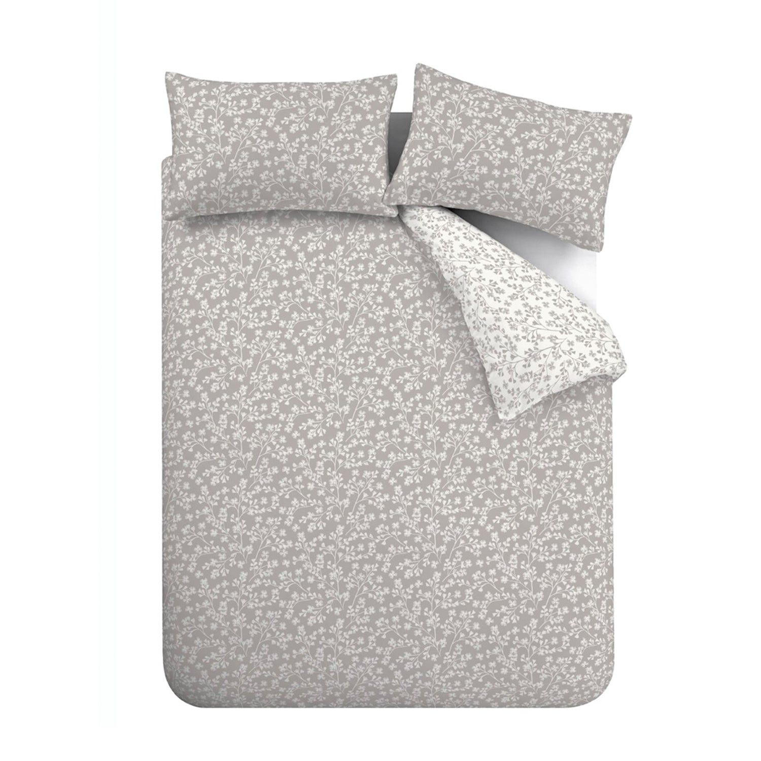 Catherine Lansfield Grace Floral Leaf Brushed Duvet Cover Bedding Set Grey