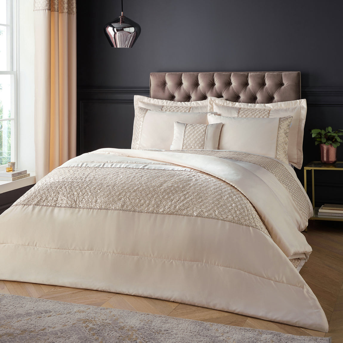 Catherine Lansfield Deco Sequin 240cm x 260cm Quilted Bedspread Champagne