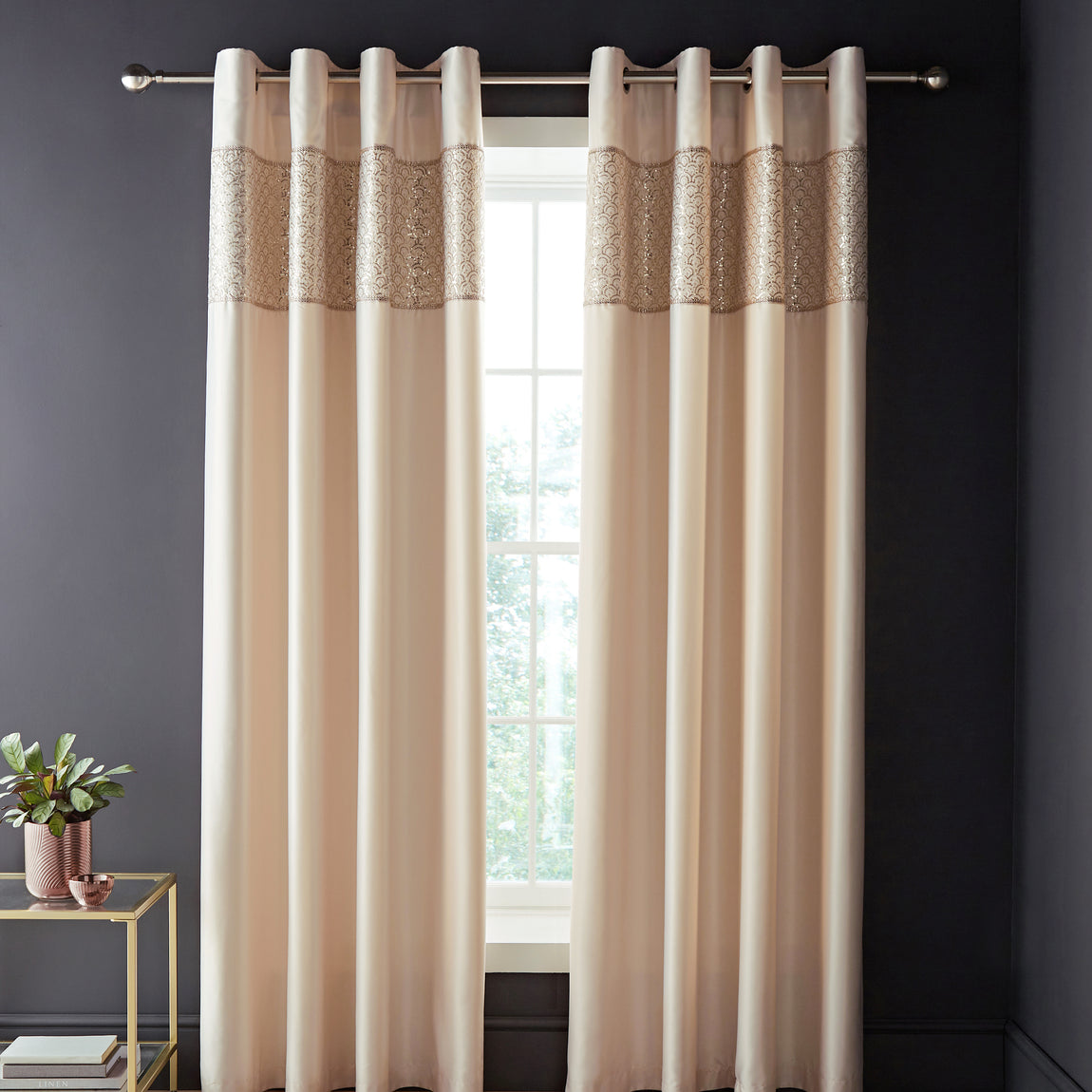 Catherine Lansfield Deco Sequin Ready Made Eyelet Curtains 66 x 90 Champagne