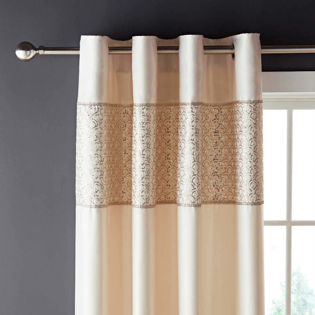 Catherine Lansfield Deco Sequin Ready Made Eyelet Curtains 66 x 90 Champagne