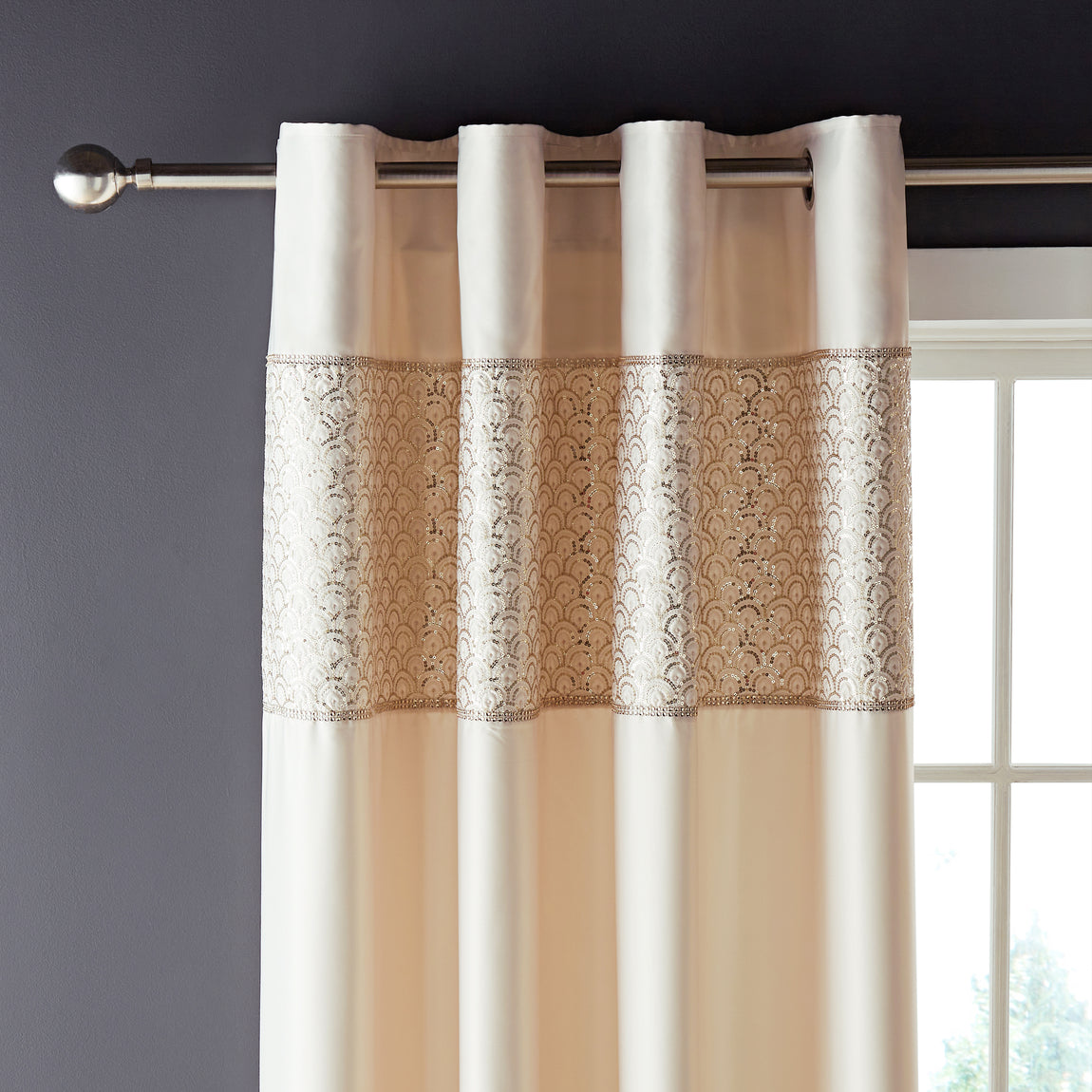 Catherine Lansfield Deco Sequin Ready Made Eyelet Curtains 66 x 90 Champagne