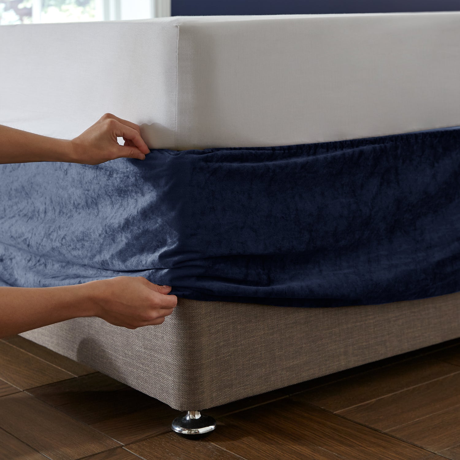 Catherine Lansfield Kingsley Matt Velvet Divan Base Wrap Duvet Cover Bedding Set Navy