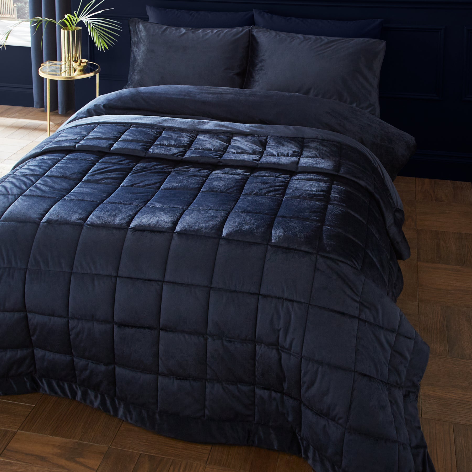 Catherine Lansfield Kingsley Matt Velvet 220cm x 220cm Quilted Bedspread Navy
