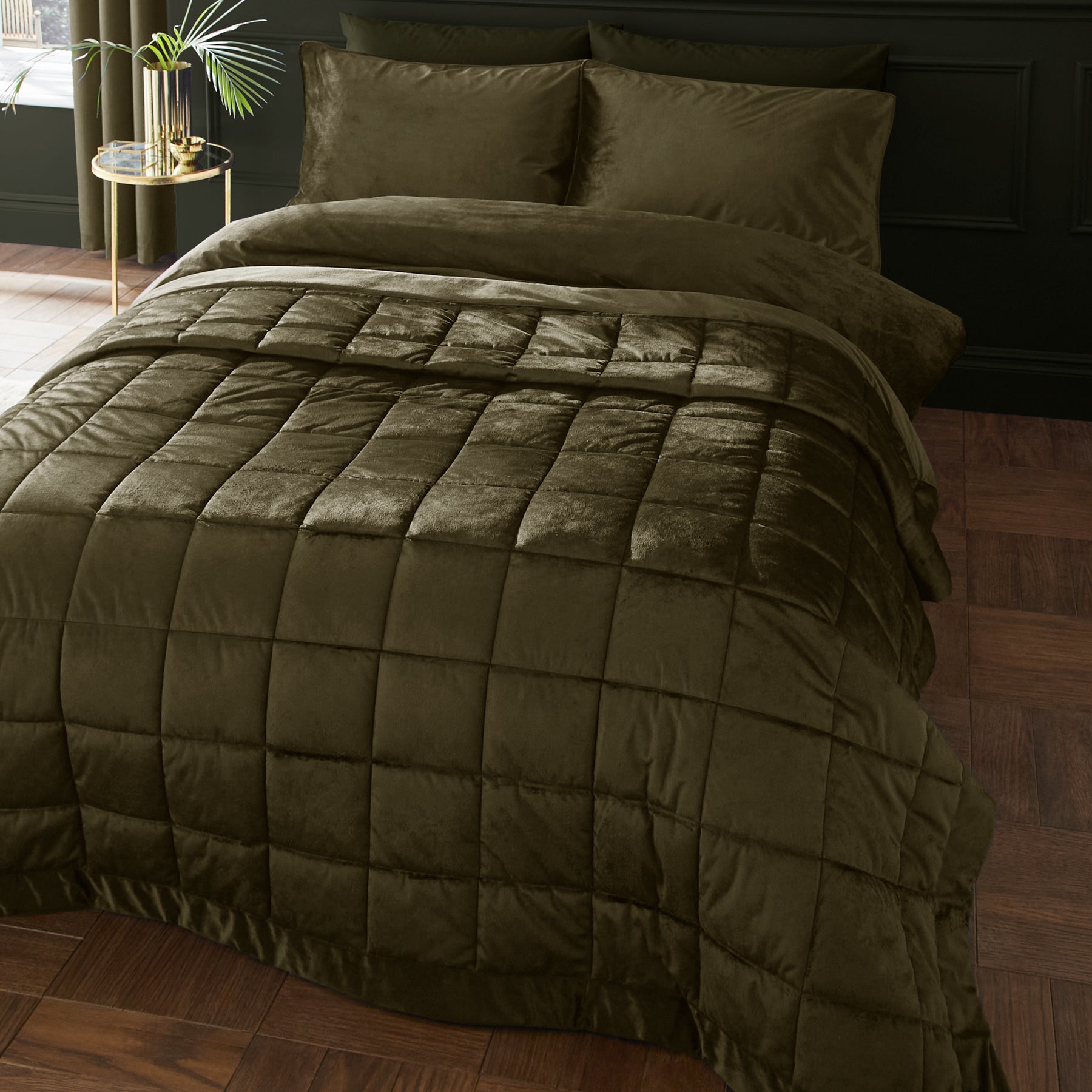 Catherine Lansfield Kingsley Matt Velvet 220cm x 220cm Quilted Bedspread Olive