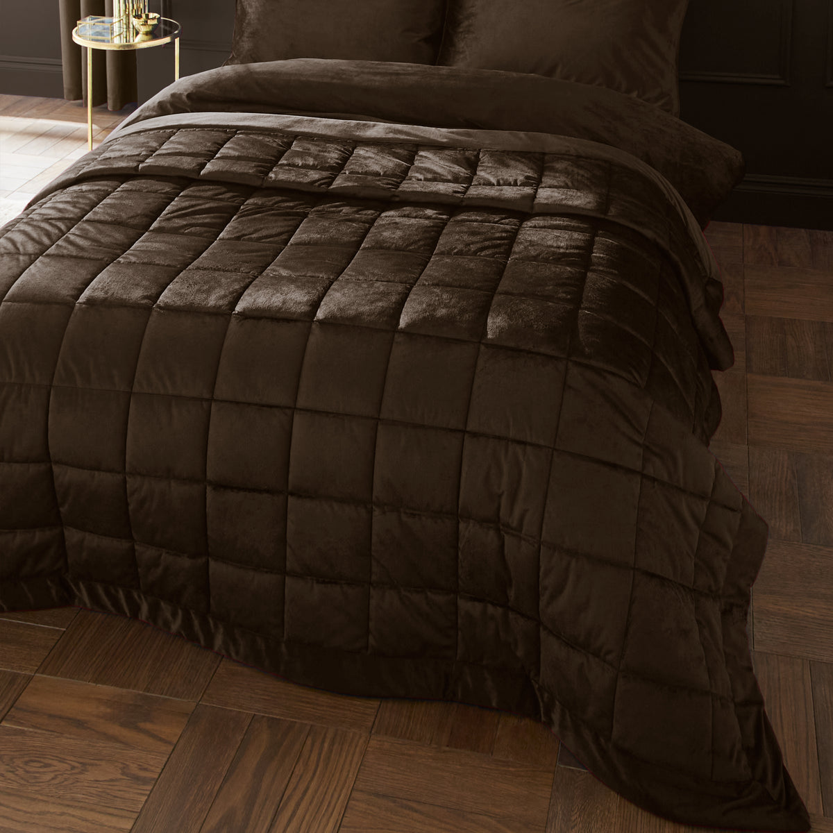 Catherine Lansfield Kingsley Matt Velvet 220cm x 220cm Bedspread Chocolate
