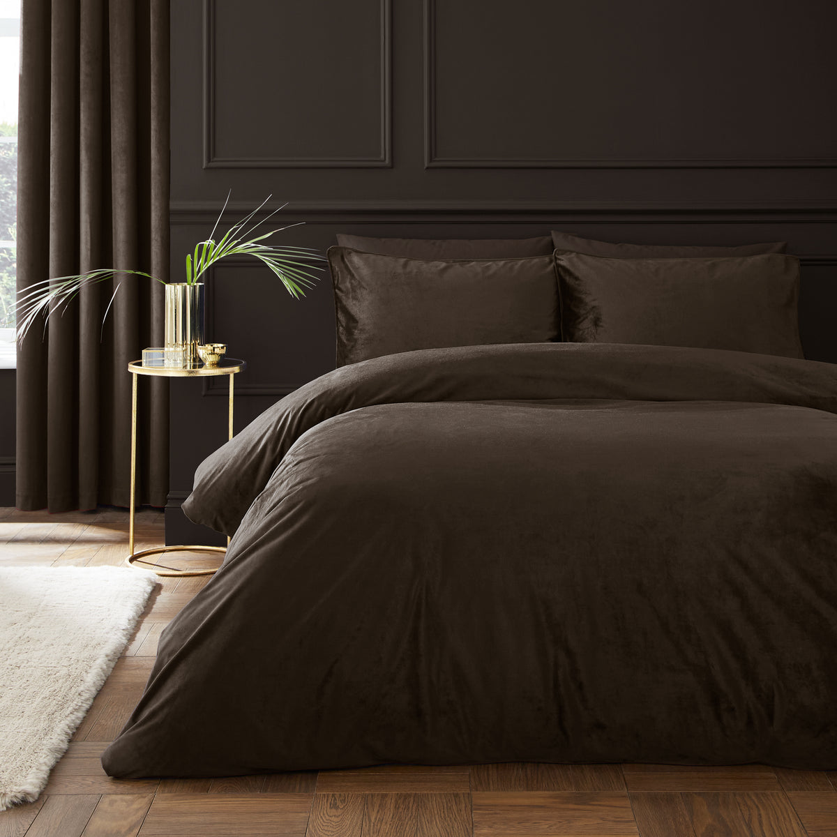 Catherine Lansfield Kingsley Matt Velvet Duvet Cover Bedding Set Chocolate