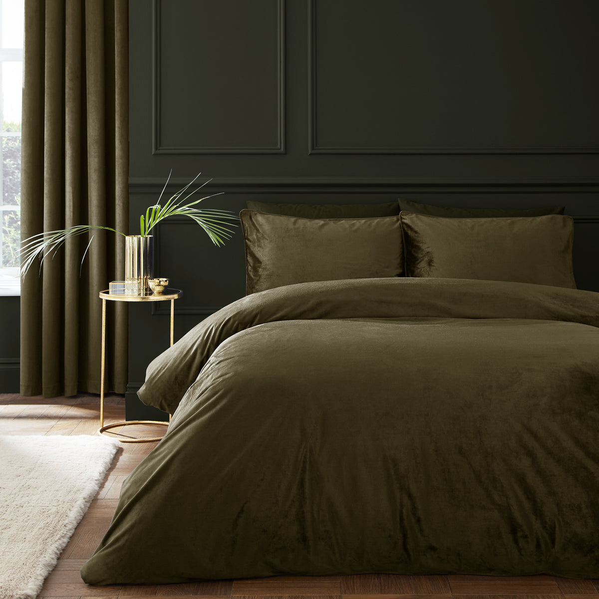 Catherine Lansfield Kingsley Matt Velvet Duvet Cover Bedding Set Olive