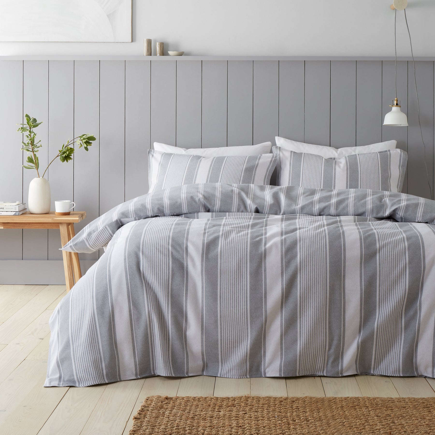 Bianca Brushed Ticking Stripe Duvet Cover Bedding Set Grey