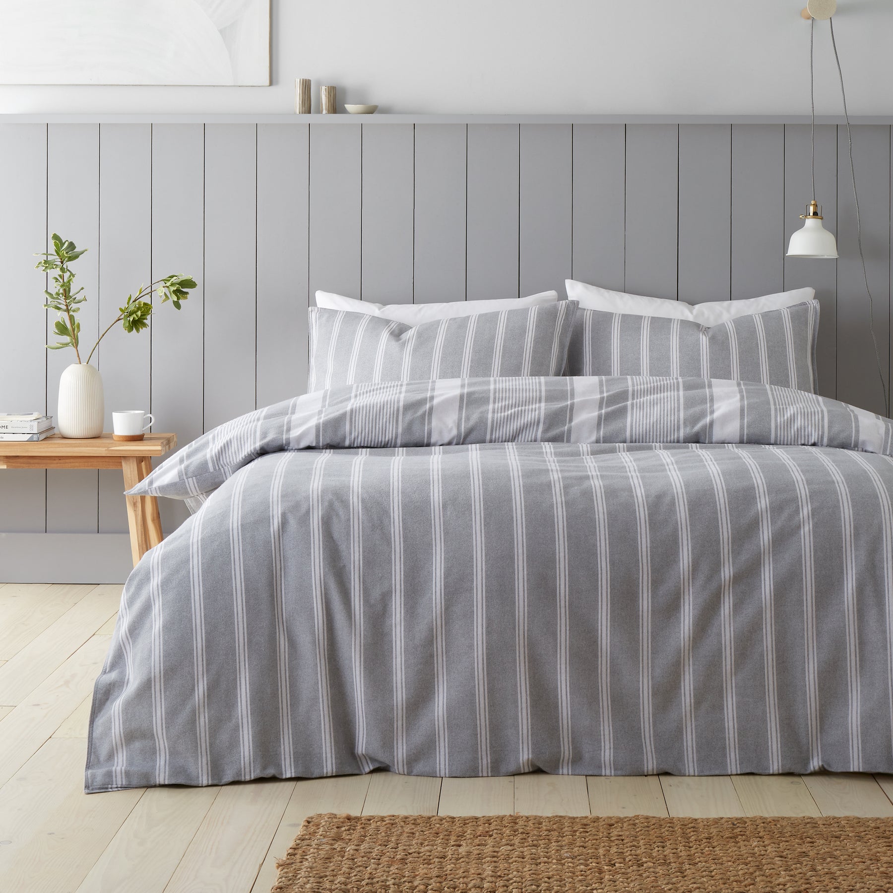 Bianca Brushed Ticking Stripe Duvet Cover Bedding Set Grey