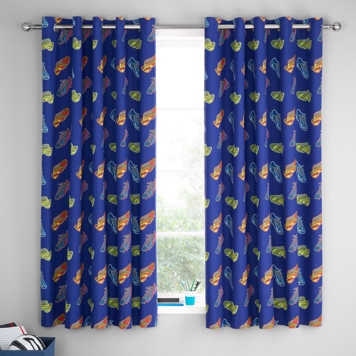 Catherine Lansfield Bright Football Duel Sided 66'' x 72'' Ready Made Eyelet Curtains Navy