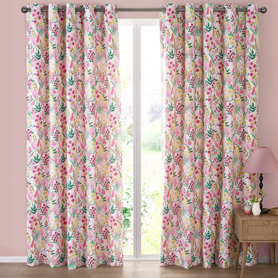 Catherine Lansfield Tilly Floral Reversible Ready Made Eyelet Curtains 66'' x 90'' Pink