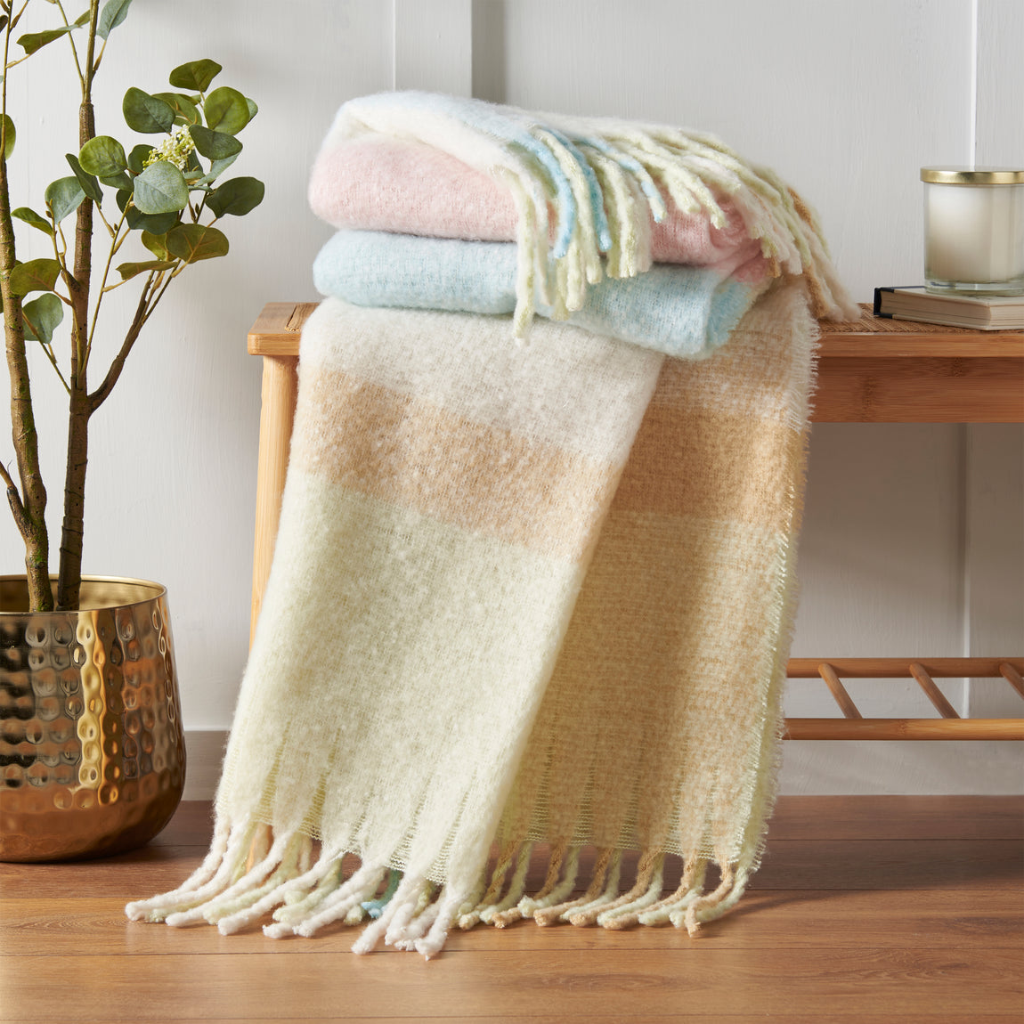 Catherine Lansfield Faux Mohair 130cm x 170cm Check Throw Pastel