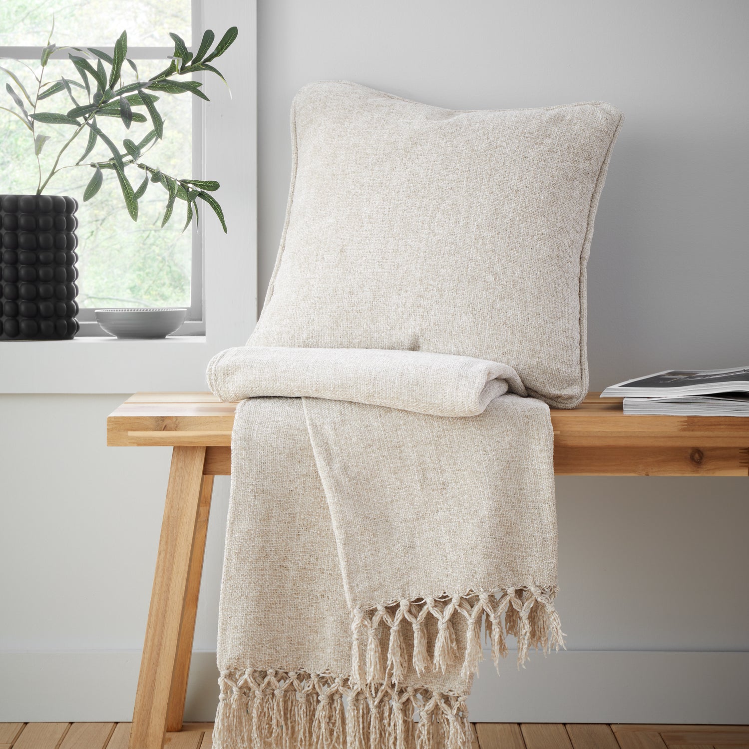 Catherine Lansfield Wilson Plain Chenille Filled Cushion 45cm x 45cm Natural