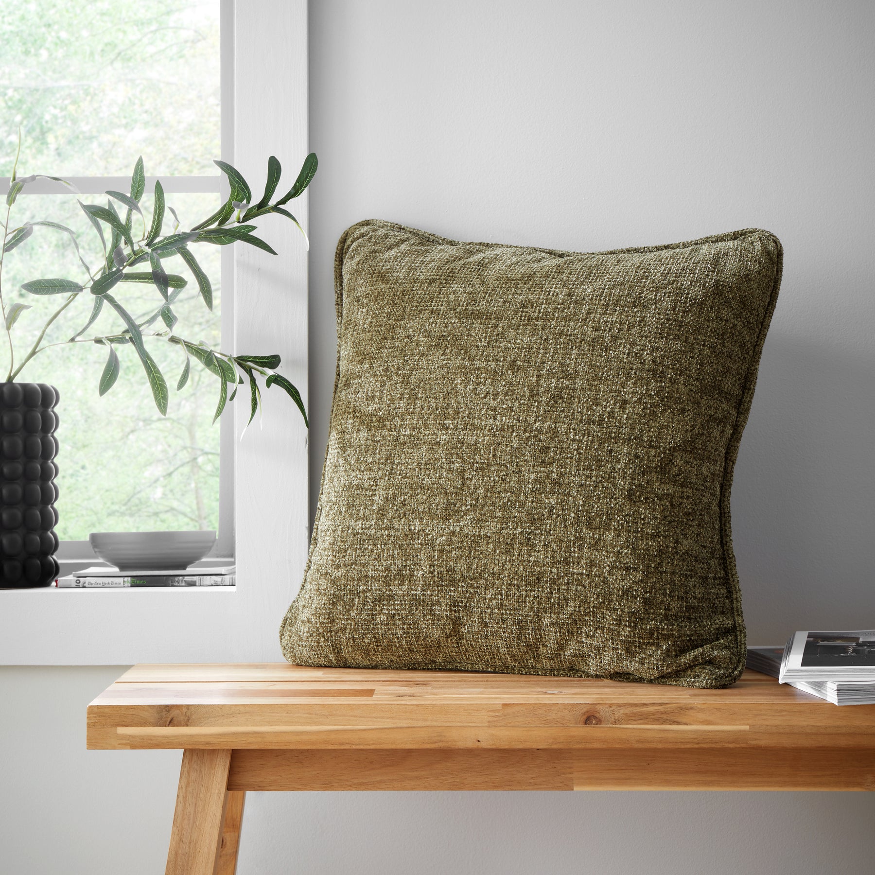 Catherine Lansfield Wilson Plain Chenille Filled Cushion 45cm x 45cm Olive