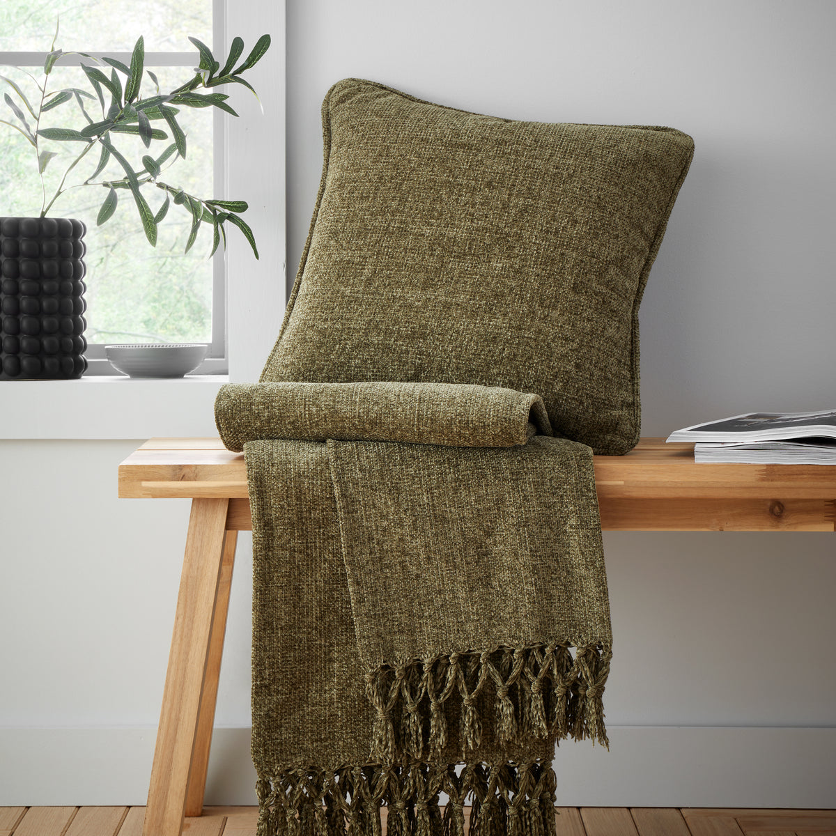 Catherine Lansfield Wilson Plain Chenille Filled Cushion 45cm x 45cm Olive