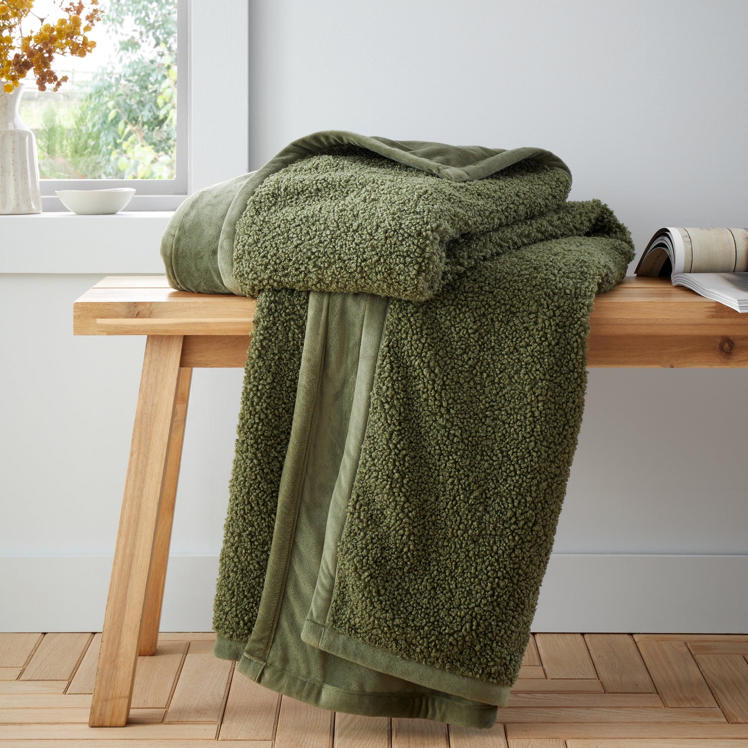 Catherine Lansfield So Soft Velvet Boucle 130cm x 170cm Throw Olive