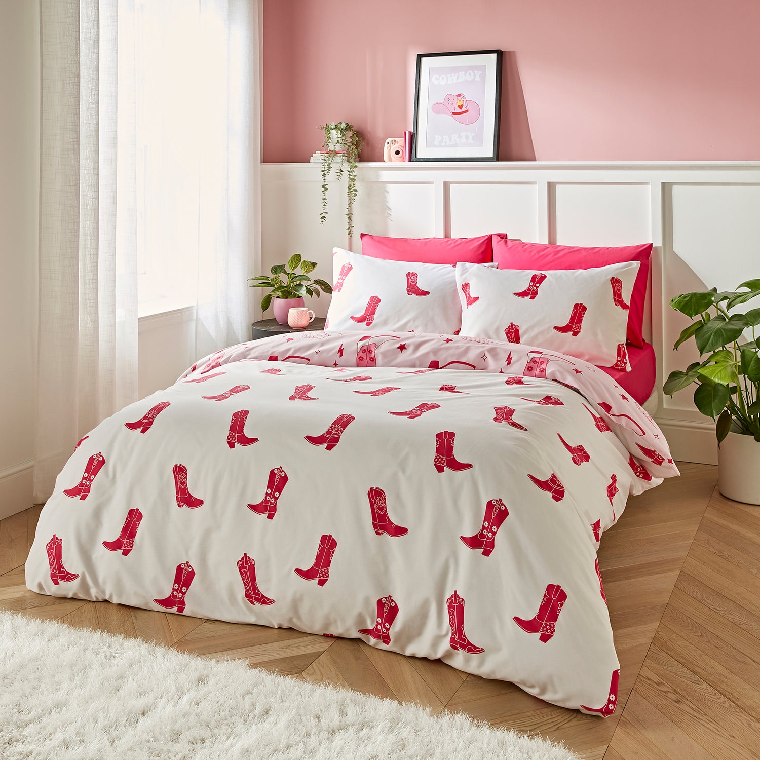 Sassy B Cowgirl Boot Reversible Duvet Cover Bedding Set Pink