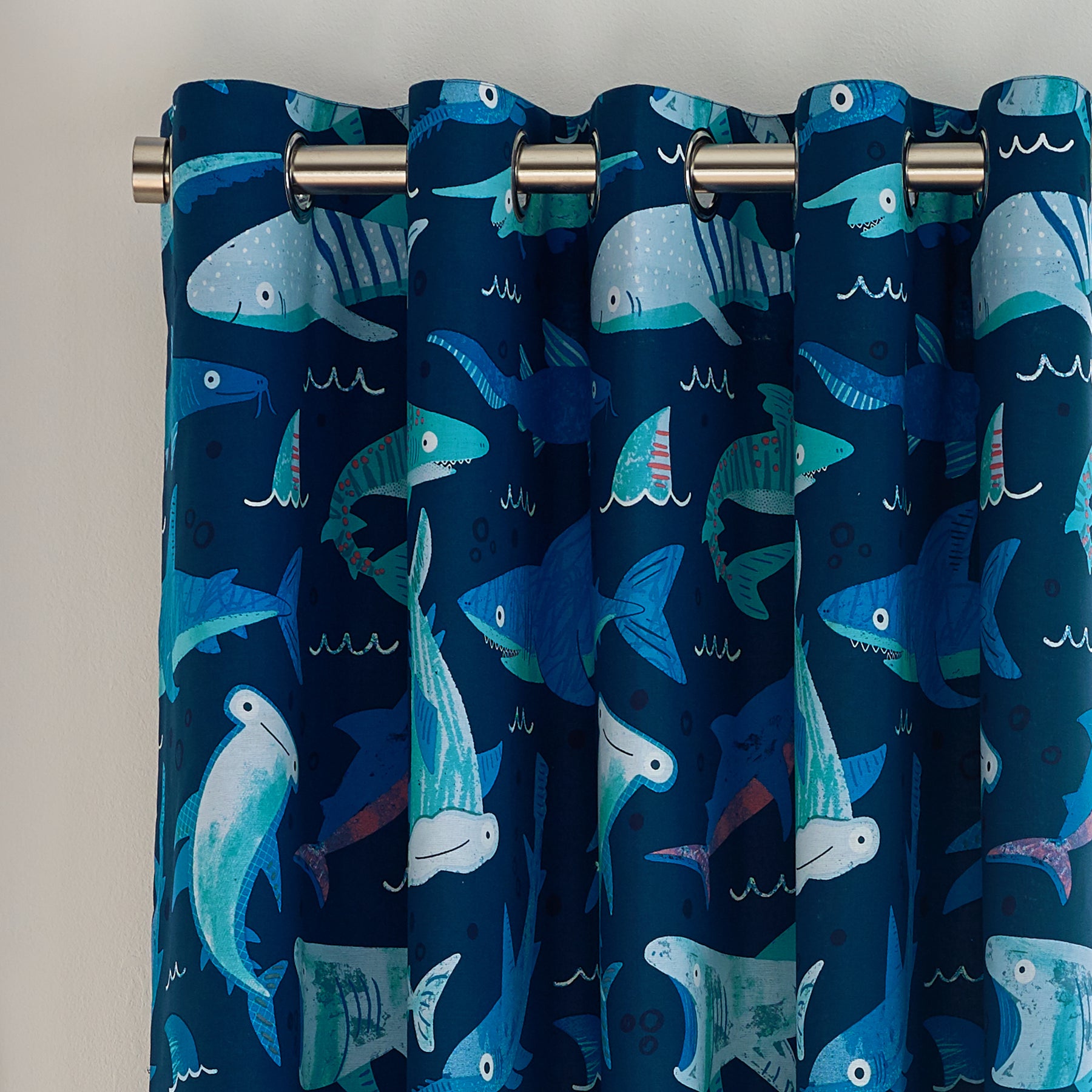 Catherine Lansfield Jawsome Shark Reversible Ready Made Eyelet Curtains 66'' x 72'' Navy Blue