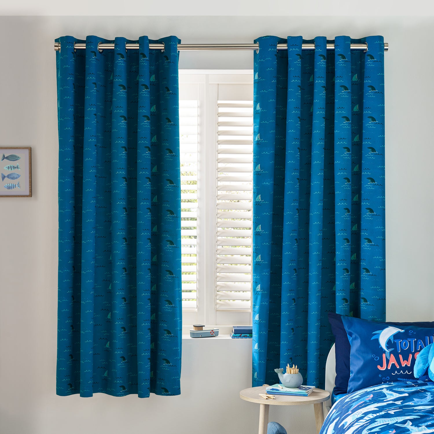 Catherine Lansfield Jawsome Shark Reversible Ready Made Eyelet Curtains 66'' x 72'' Navy Blue