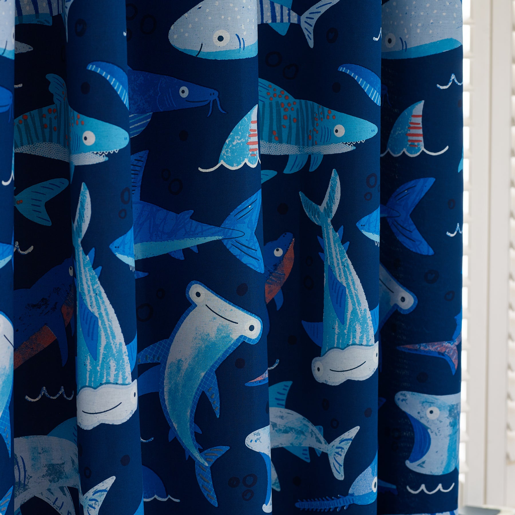 Catherine Lansfield Jawsome Shark Reversible Ready Made Eyelet Curtains 66'' x 72'' Navy Blue