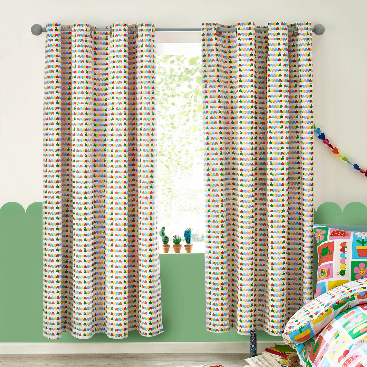 Catherine Lansfield Curious Caterpillar Reversible Ready Made Eyelet Curtains 66'' x 72'' Bright