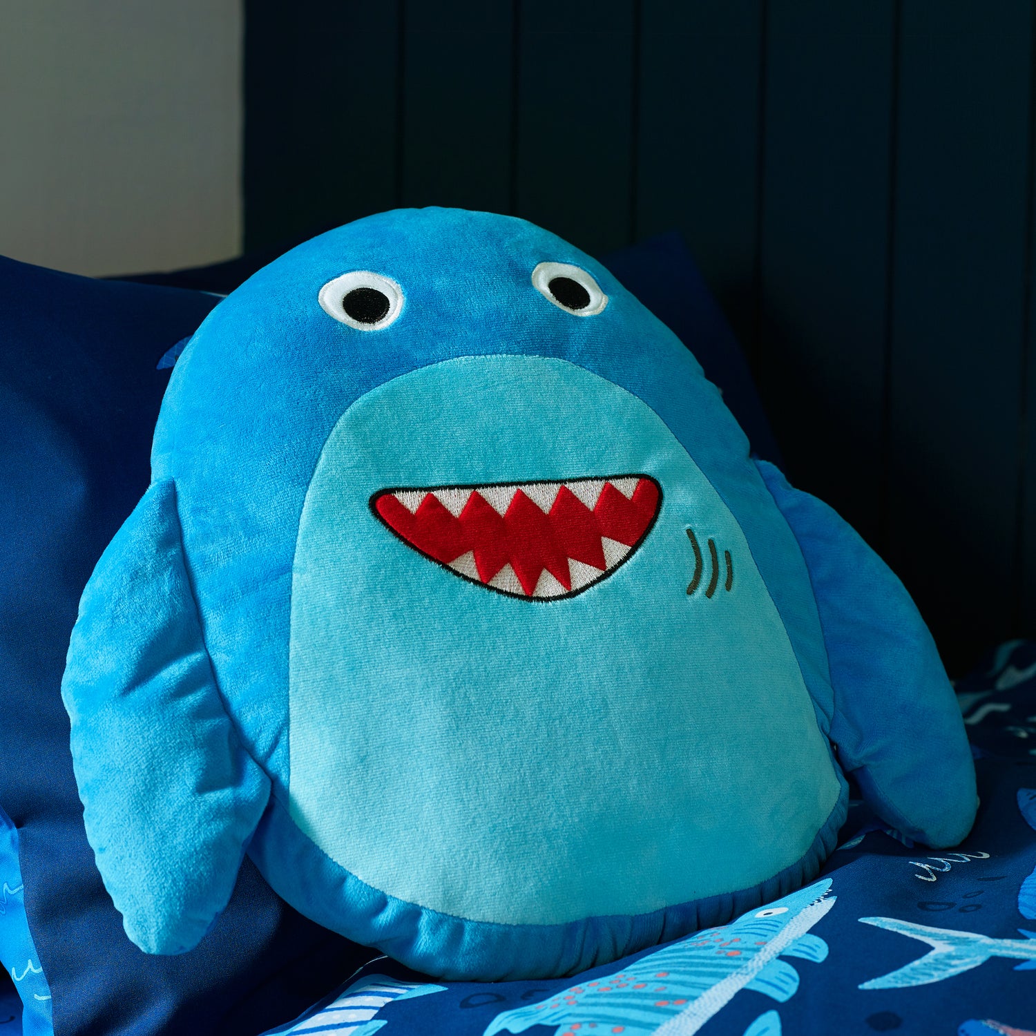 Catherine Lansfield Sheldon The Shark Filled Cushion Navy Blue