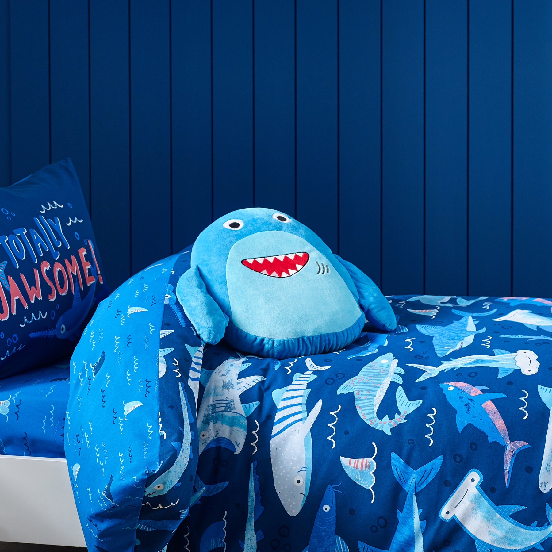 Catherine Lansfield Sheldon The Shark Filled Cushion Navy Blue