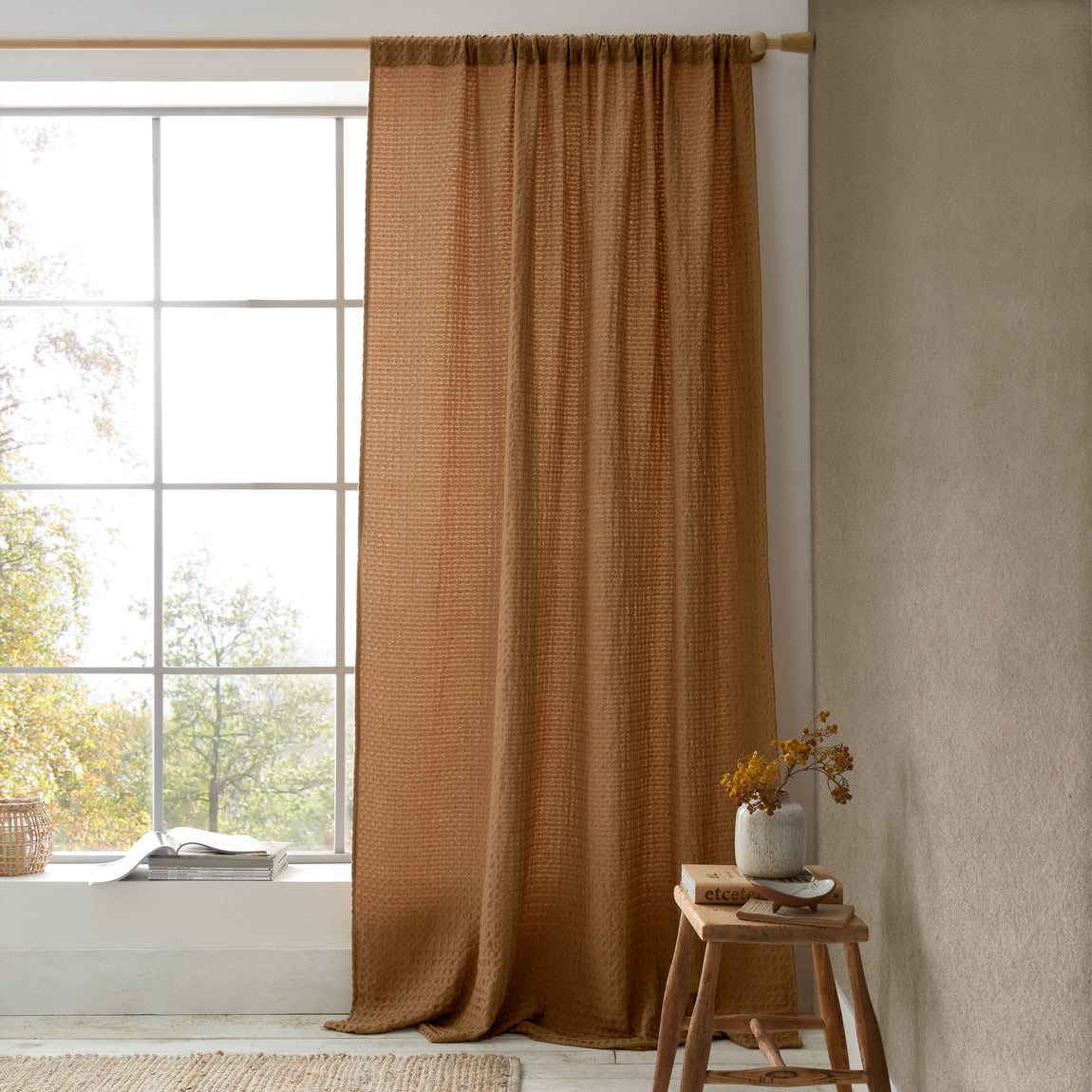 Pineapple Elephant Muscat Waffle Slot Top Ready Made Single Voile Curtain Caramel