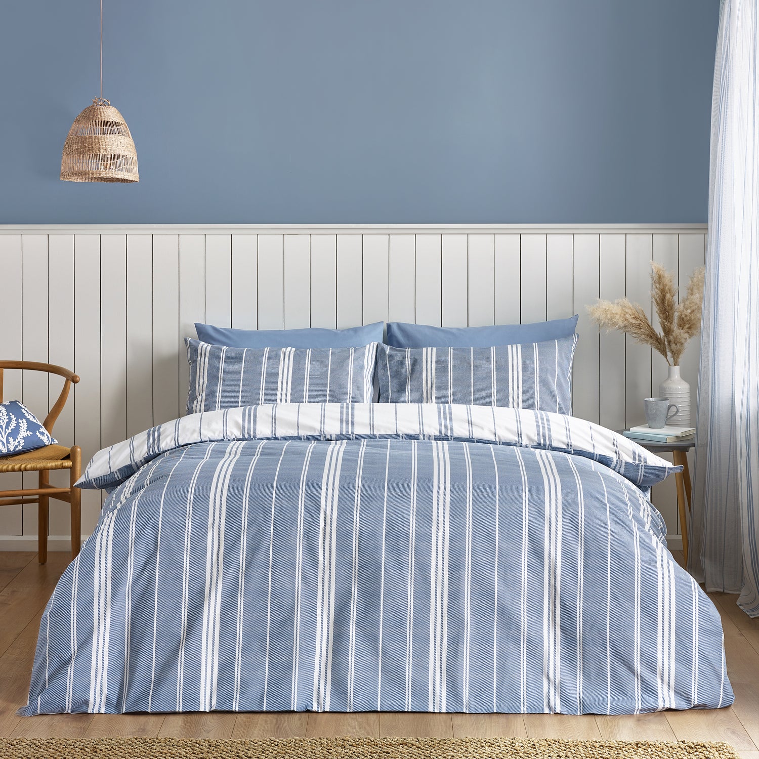 Catherine Lansfield Harbour Stripe Duvet Cover Bedding Set Blue