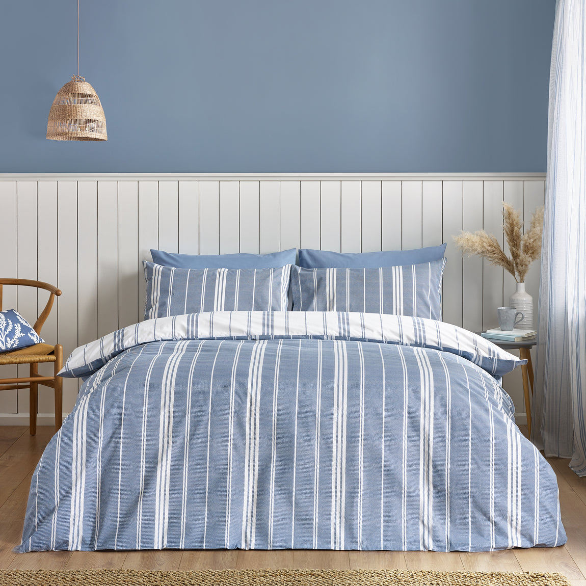 Catherine Lansfield Harbour Stripe Duvet Cover Bedding Set Blue