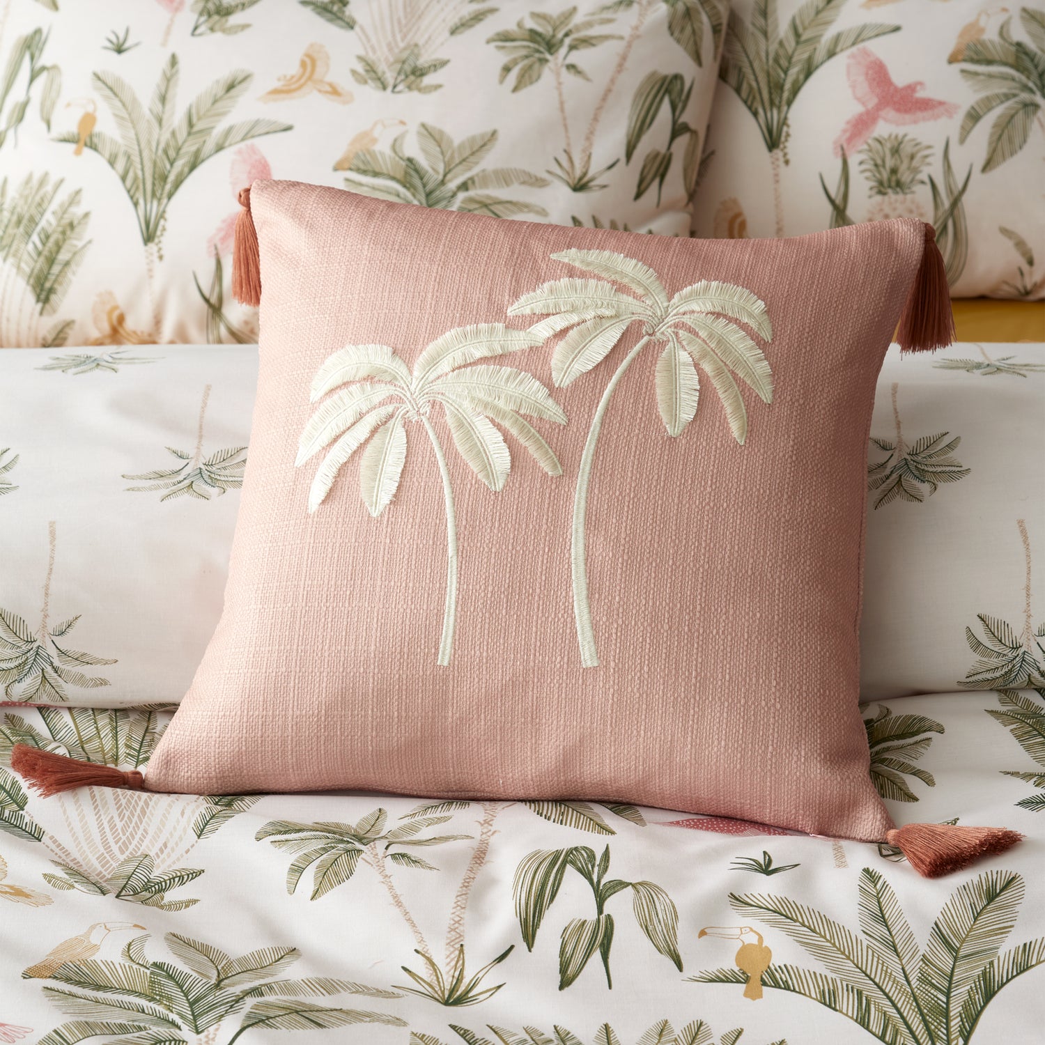 Catherine Lansfield Paradiso Palm Embroidered 45cm x 45cm Filled Cushion Clay