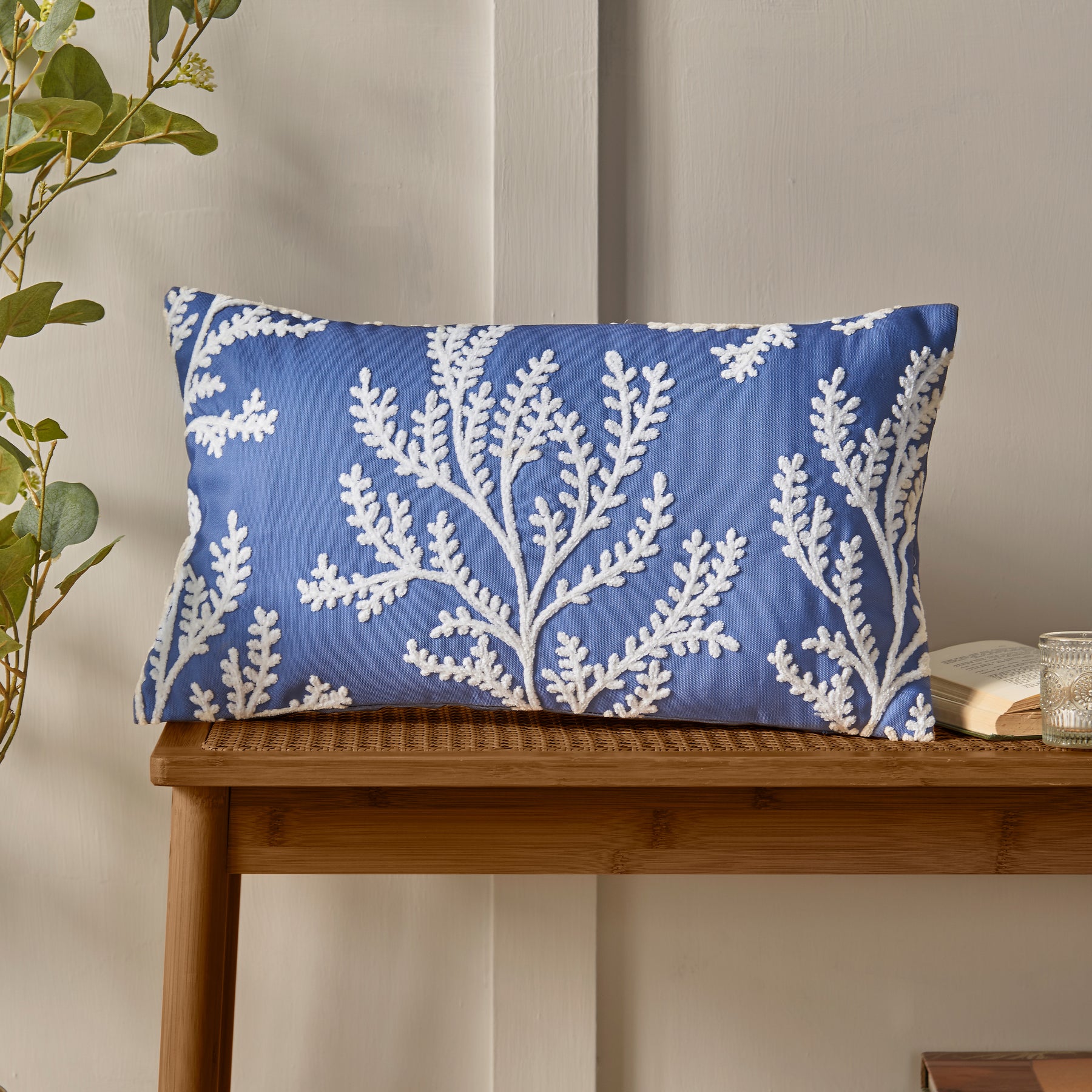 Catherine Lansfield Coral Leaf Embroidered Filled Boudoir 30cm x 50cm Lansfield Blue