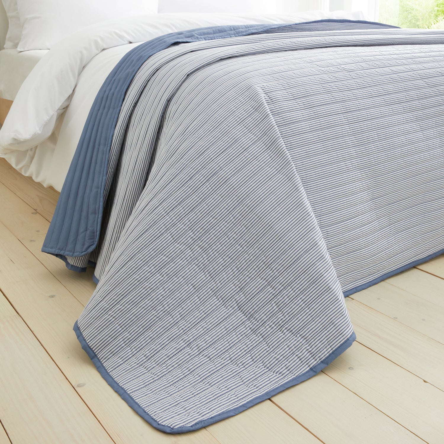 Catherine Lansfield Stripe 220cm x 230cm Reversible Bedspread Blue