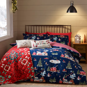 Catherine Lansfield Christmas Ski Village Duvet Cover Bedding Set Blue