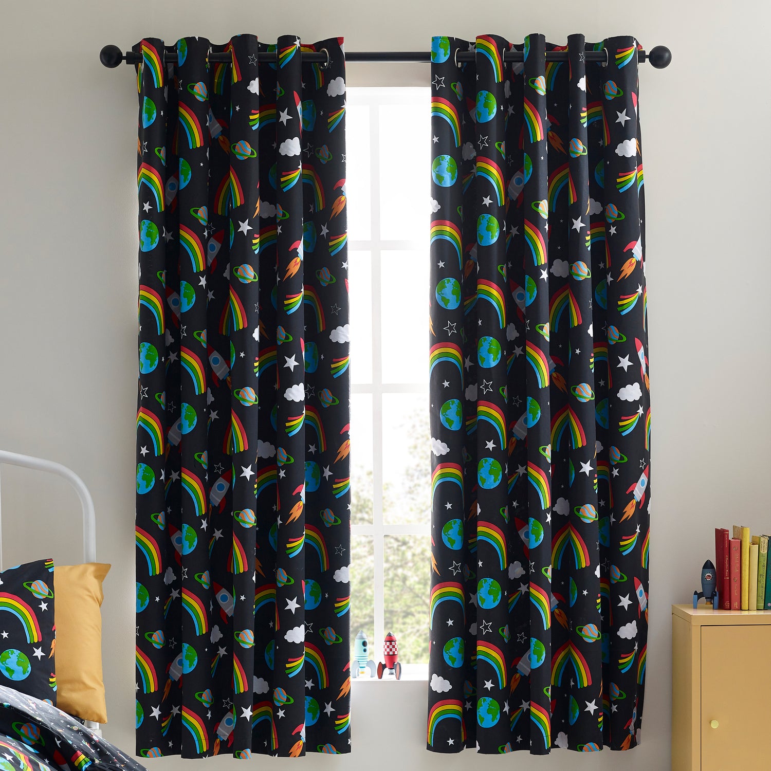 Catherine Lansfield Rainbow Rockets Ready Made Eyelet Curtains 66 x 72 Black