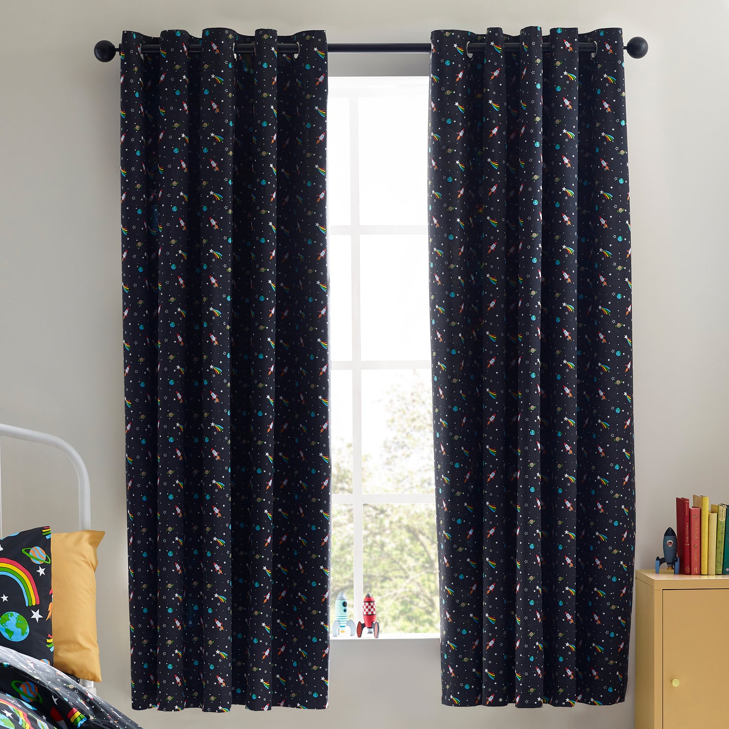 Catherine Lansfield Rainbow Rockets Ready Made Eyelet Curtains 66 x 72 Black