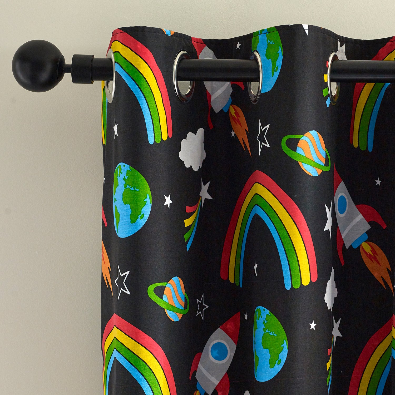 Catherine Lansfield Rainbow Rockets Ready Made Eyelet Curtains 66 x 72 Black