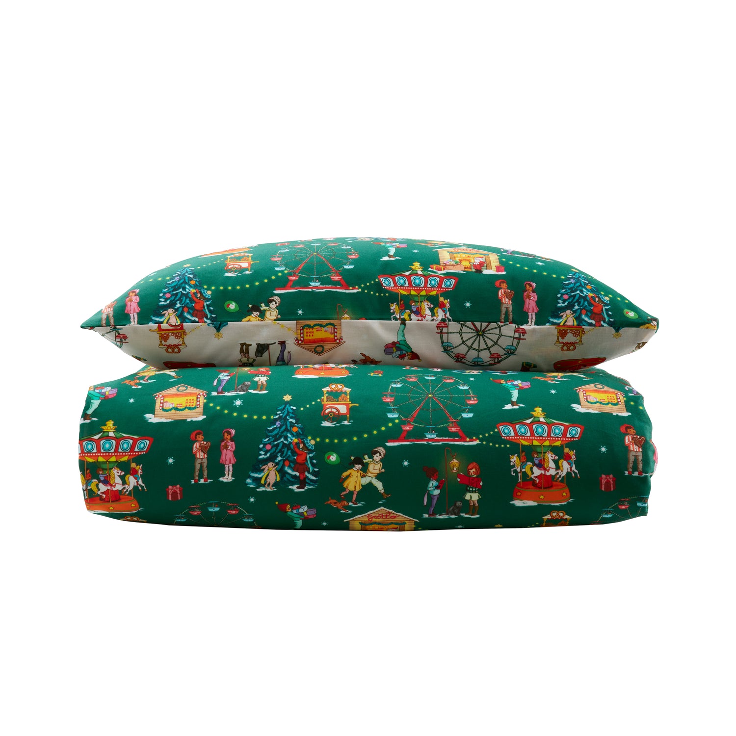 Belle and Boo Christmas Fairground Duvet Cover Bedding Set Green