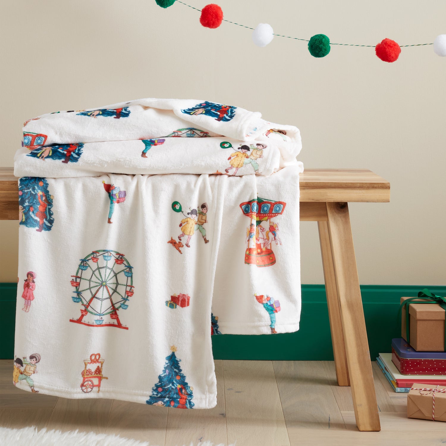 Belle and Boo Christmas Fairground 150cm x 200cm Throw Cream